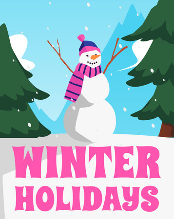 Poster or vertical banner with snowman about winter holidays flat styleのイラスト素材