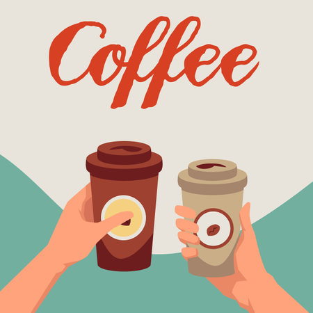 Coffee banner with hands holding drinks in disposable paper cups, flat vector.のイラスト素材