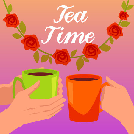 Tea time banner with hands of people clicking cups, flat vector illustration.のイラスト素材