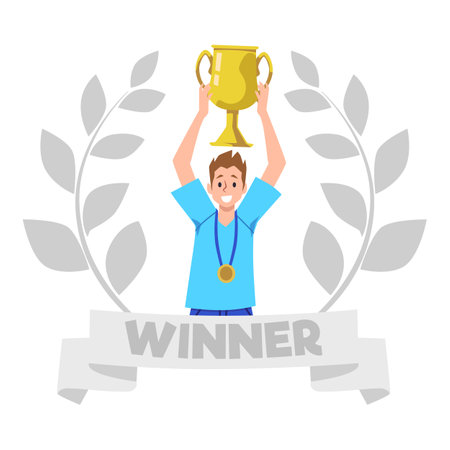 Man with trophy cup and winner ribbon flat vector illustration isolated on white.のイラスト素材