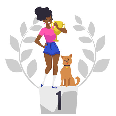 Woman winner and champion with gold cup award flat vector illustration isolated.のイラスト素材