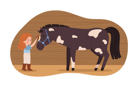 Happy little girl brushing horse, cartoon flat vector illustration isolated on white background.のイラスト素材
