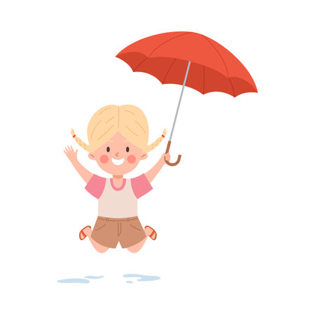 Happy jumping little girl with opened red umbrella flat styleのイラスト素材