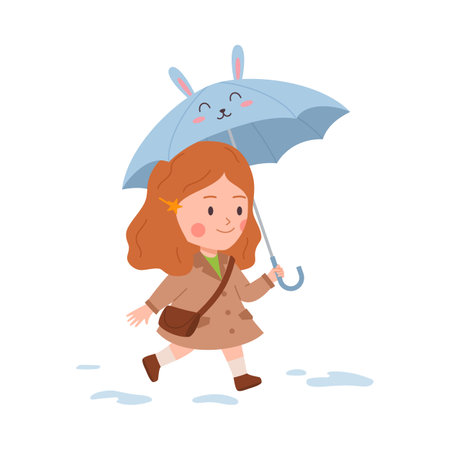 Little smiling girl walking under umbrella with hare muzzle and ears flat styleのイラスト素材