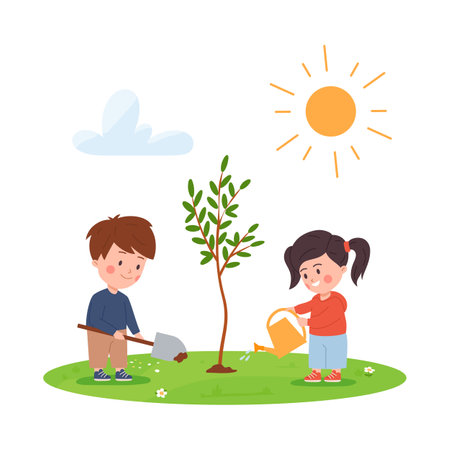 Cartoon children gardening and planting tree, flat vector illustration isolated.のイラスト素材
