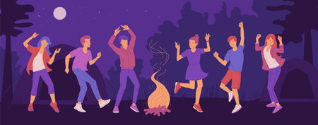 Happy people dancing around bonfire in camping village, flat vector illustration.のイラスト素材