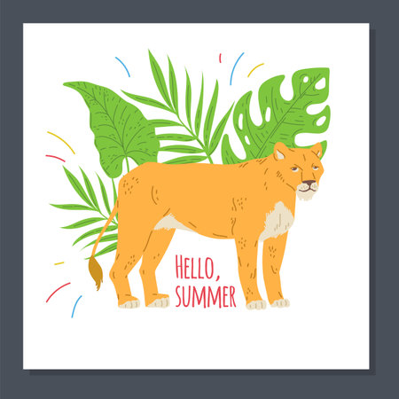 Hello summer banner or greeting card with lioness, vector illustration isolated.のイラスト素材