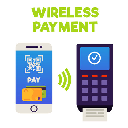 Wireless payment with mobile phone and terminal, vector illustration isolated.のイラスト素材