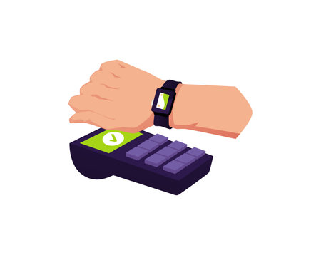 Smartwatch payments with NFC protocol, flat vector illustration isolated.のイラスト素材