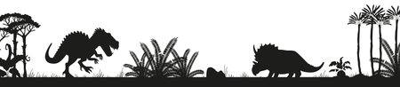 Jurassic period landscape silhouette with dinosaurs and palm trees, flat vector illustration.のイラスト素材