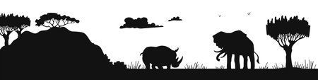 Panoramic black silhouette with African nature flat style, vector illustrationのイラスト素材