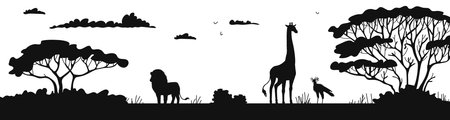 African landscape with animals black silhouette vector illustration isolated.のイラスト素材