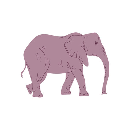 African grey elephant walking side view, flat vector illustration isolated.のイラスト素材