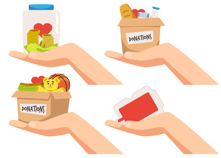 Donation and charity flat vector illustrations isolated on white background.のイラスト素材