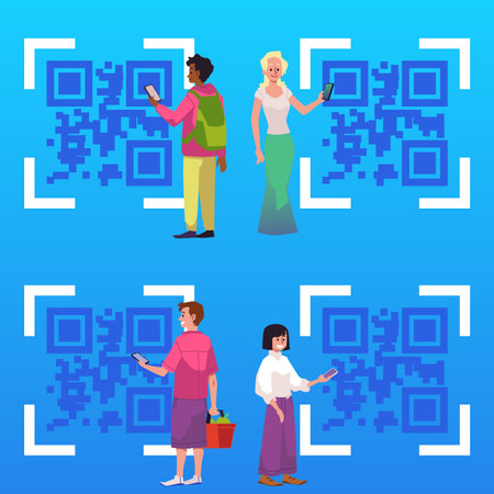 Diverse people scanning QR code, abstract flat vector illustration on blue background.のイラスト素材