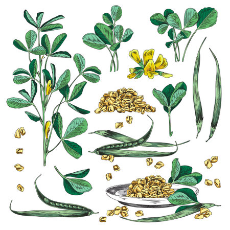 Fenugreek plants with flowers and seeds, hand drawn colored sketch vector illustration isolated on white background.のイラスト素材