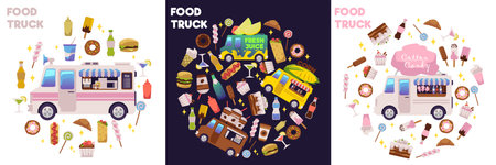 Food truck banners or posters with street food cafes, flat vector illustration.のイラスト素材