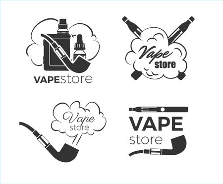 Vape store black banners or emblems doodle vector illustration isolated.のイラスト素材
