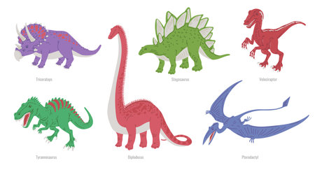 Set of various dinosaurs with names - flat vector illustration isolated on white background.のイラスト素材