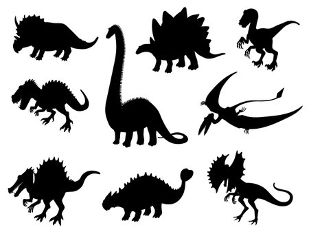 Set of black silhouettes of different dinosaurs flat styleのイラスト素材