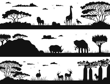 African banners with animals in black silhouette vector illustration isolated.のイラスト素材