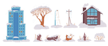 Snowy city elements - buildings, trees, stumps, street light and transmission tower.のイラスト素材