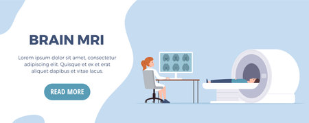 MRI exam procedure in clinic banner or flyer flat cartoon vector illustration.のイラスト素材