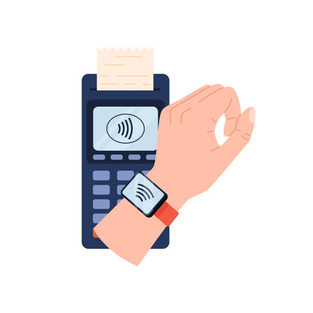 Hand paying with smart watch, connecting POS terminal with NFC - flat vector illustration isolated on white background.のイラスト素材
