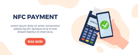 NFC payment web banner advertising, flat vector illustration.のイラスト素材