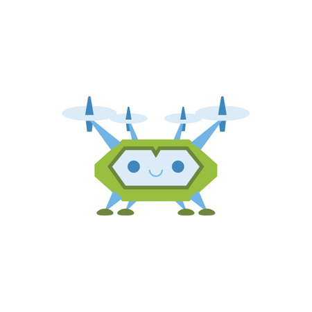 Cute flying robot or drone with cheerful face, cartoon flat vector illustration isolated on white background.のイラスト素材