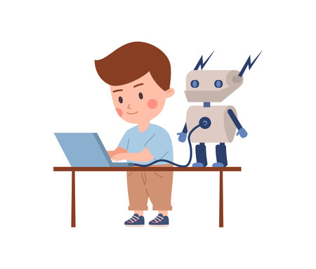 Smiling little boy with robot connected to laptop flat style, vector illustrationのイラスト素材