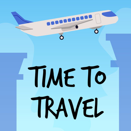 Time to travel banner or leaflet mockup with airplane flat vector illustration.のイラスト素材