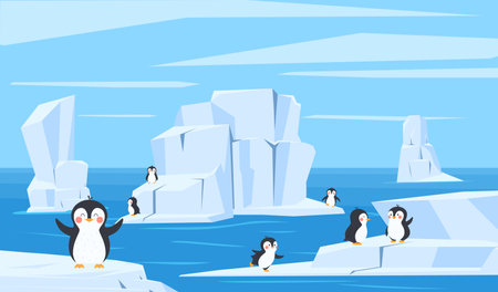 Cute penguins in landscape of southern hemisphere, flat vector illustration.のイラスト素材