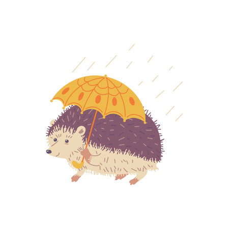 Cute hedgehog holding yellow umbrella flat style, vector illustrationのイラスト素材