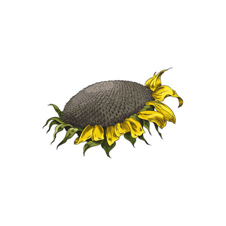 Head of ripe open sunflower with seeds, hand drawn vector illustration isolated.のイラスト素材