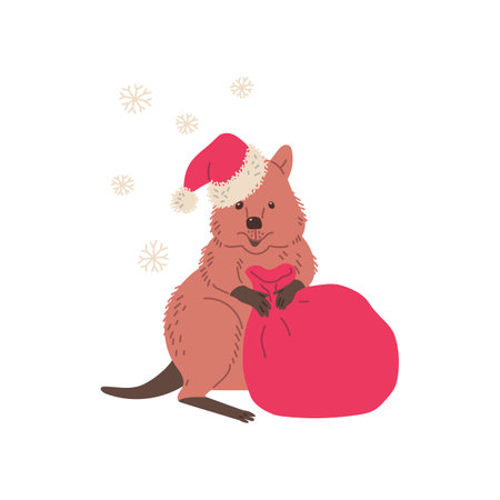 Cute quokka in Christmas hat holding big red bag full of gifts flat styleのイラスト素材