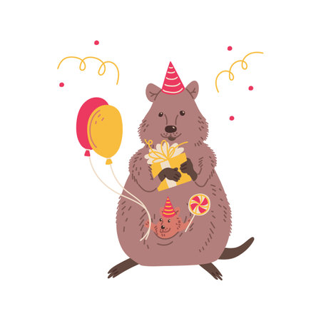 Birthday greeting postcard mockup with quokka mother and baby flat vector.のイラスト素材