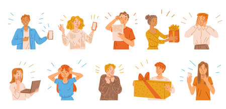 Set of surprised people with gift boxes, laptops and phones - flat vector illustration isolated on white background.のイラスト素材