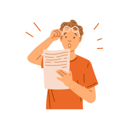 Surprised or shocked man reading a text printed on paper, flat vector isolated.のイラスト素材