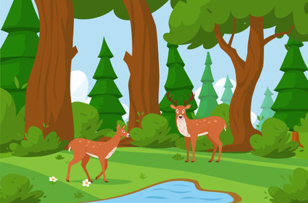 Forest deers in landscape of summer glade in thicket, flat vector illustration.のイラスト素材