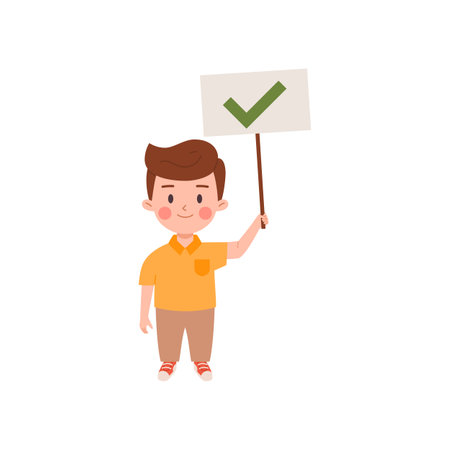 Smiling boy holding paper banner with green check mark flat styleのイラスト素材