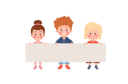Smiling children holding rectangular paper banner flat styleのイラスト素材