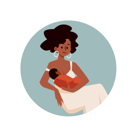 Happy woman breastfeeding newborn baby, flat vector illustration isolated on white background.のイラスト素材