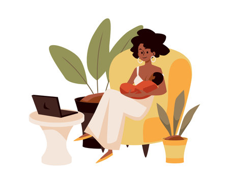 Woman sitting in armchair and breastfeeding newborn baby, flat vector illustration isolated on white background.のイラスト素材
