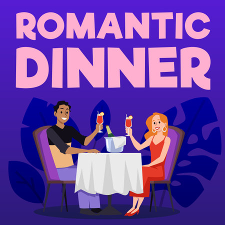 Romantic dinner poster template with happy couple sitting at restaurant, flat vector illustration.のイラスト素材