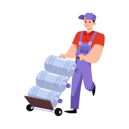 Happy male courier pushing cart with big water gallons, cartoon flat vector illustration isolated on white background.のイラスト素材