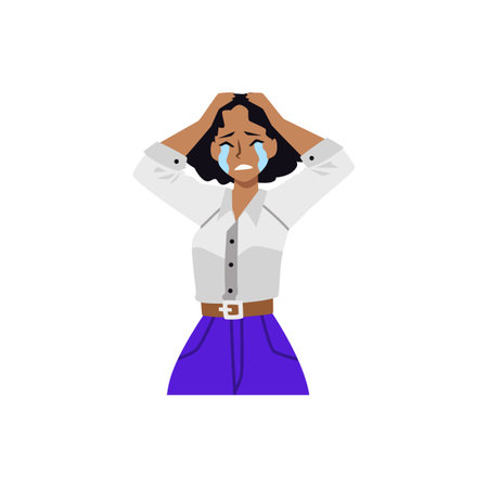 Upset distressed crying woman flat vector illustration isolated on white.