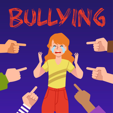 Bullying banner with crying woman and hands pointing at her, flat vector.のイラスト素材