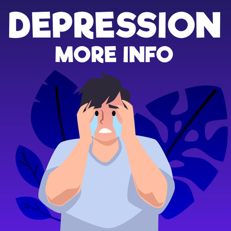 Depression info banner or poster with crying man, flat vector illustration.のイラスト素材