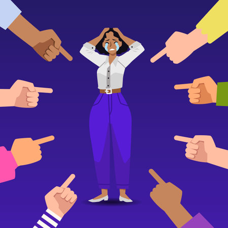 Crying woman and hands pointing at her, flat vector. Woman depressed by bullying.のイラスト素材